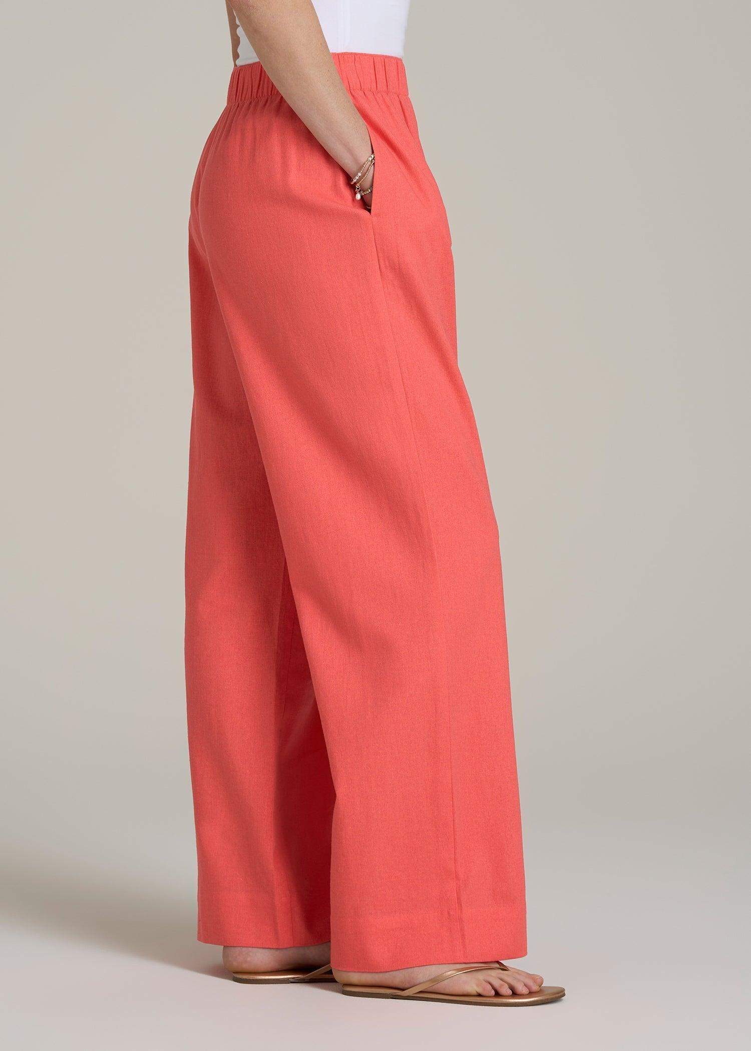 Pull On Wide Leg Linen Pants for Tall Women in Sunset Coral Product Image