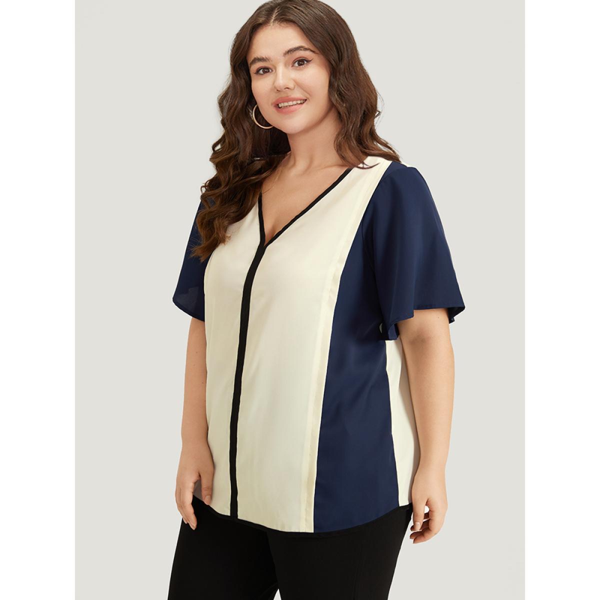 Plus Size Beige Contrast Patchwork V Neck Ruffle Sleeve Blouse Women Office Short sleeve V-neck Work Blouses BloomChic 12/L Product Image
