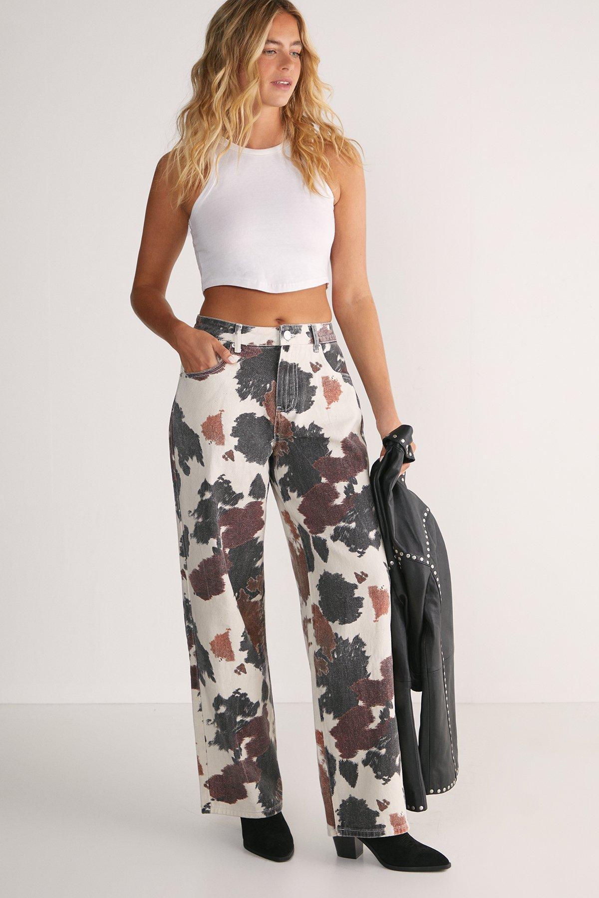 Cow Print Straight Leg Denim Jeans Product Image