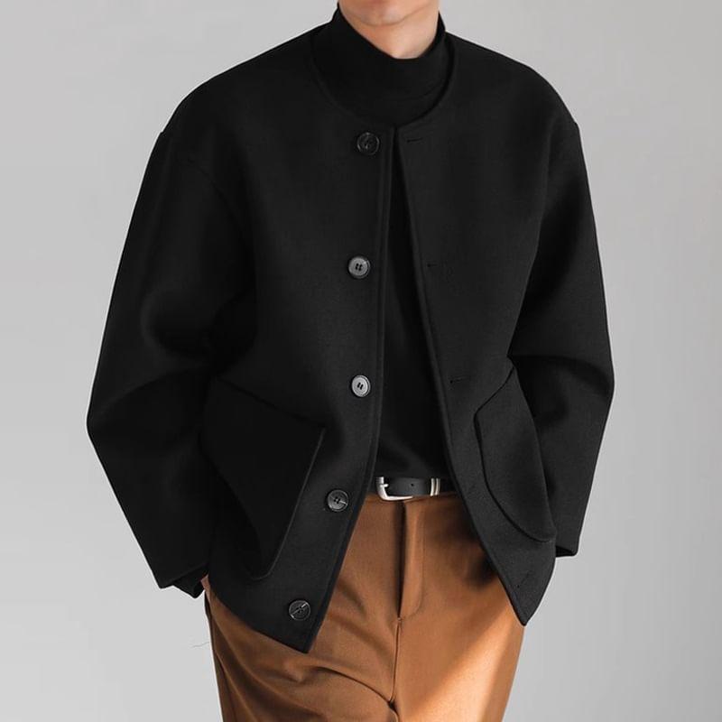 Round Neck Plain Button Jacket Product Image