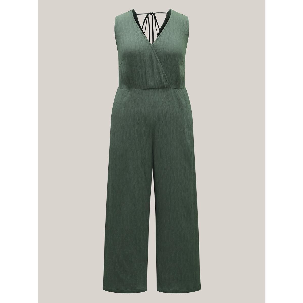 Plus Size Emerald Textured Plain Pockets Wide-Leg Jumpsuit Women Sleeveless Overlap Collar Everyday-Casual Loose Jumpsuits BloomChic 14-16/1X Product Image