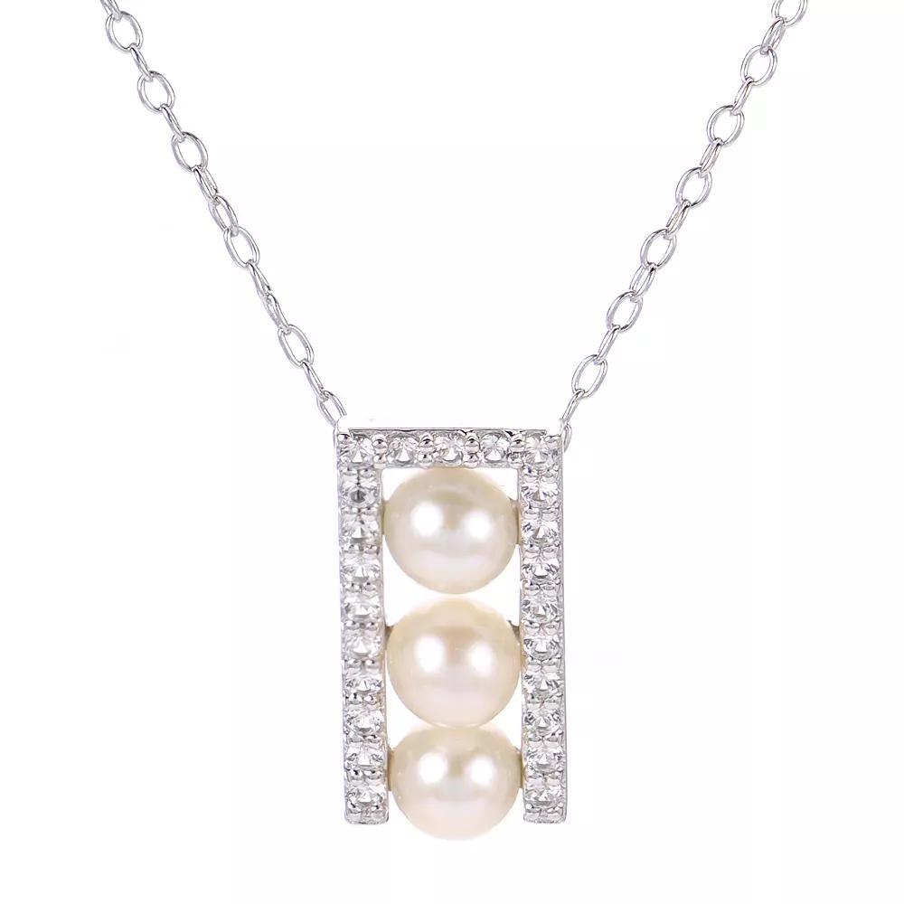 PearLustre by Imperial Sterling Silver Triple Freshwater Cultured Pearl & Lab-Created White Sapphire Drop Necklace, Womens Product Image