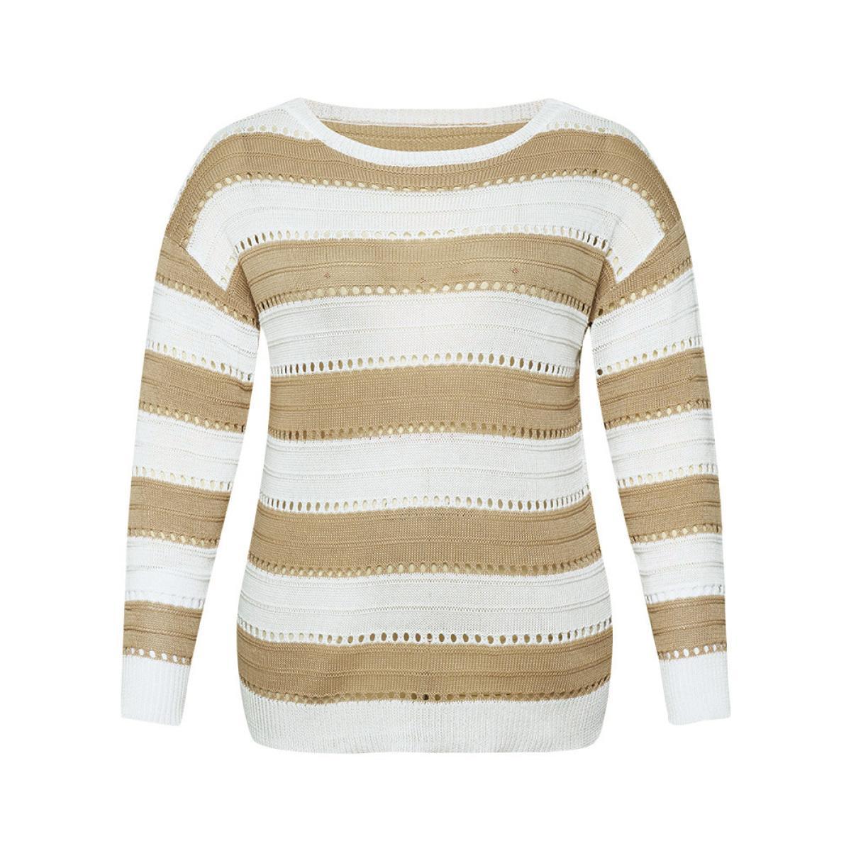 Plus Size Colorblock Contrast Drop Shoulder Elastic Cuffs Pullover Tan Women Casual Loose Long Sleeve Round Neck Everyday Pullovers BloomChic 22-24/3X Product Image