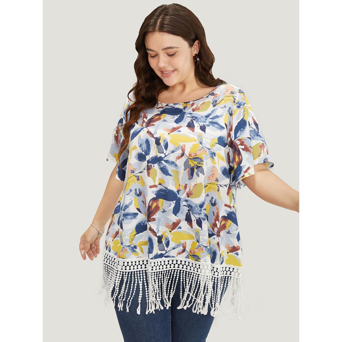 Plus Size Stone Plant Print Ruffle Sleeve Lace Fringe Hem Blouse Women Elegant Short sleeve Round Neck Dailywear Blouses BloomChic 22-24/3X Product Image