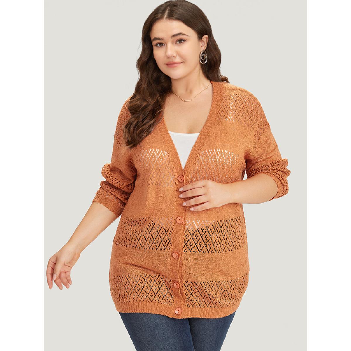 Plus Size Plain Geometric Eyelet Button Through Loose Cardigan Orange Women Casual Loose Long Sleeve Dailywear Cardigans BloomChic 18-20/2X Product Image