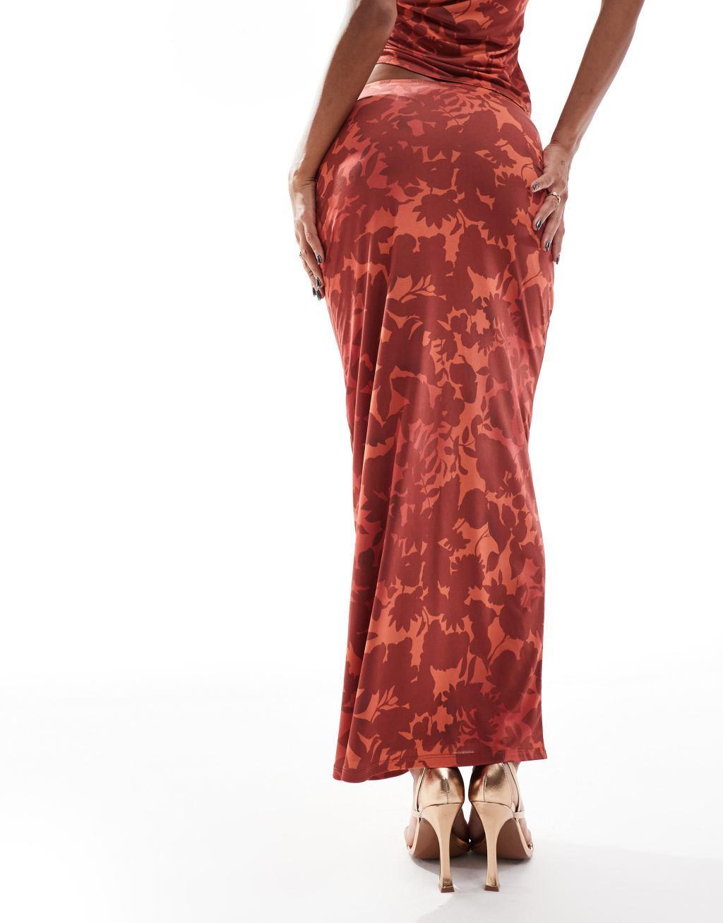 ASOS DESIGN slinky maxi skirt in burnt orange floral - part of a set Product Image