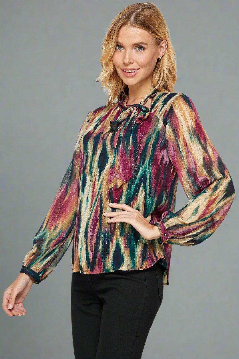 Burgundy Long Sleeve Side-Tie Neck Blouse Female Product Image