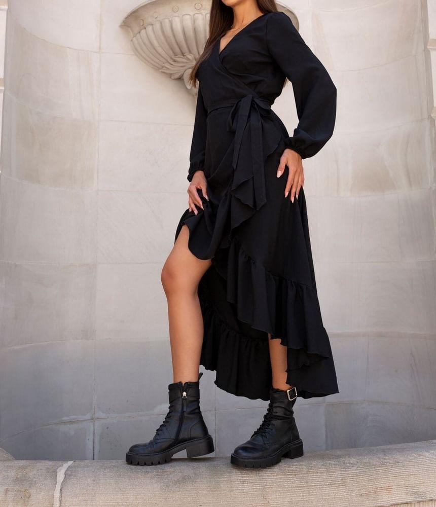 Long-Sleeve V-Neck Asymmetrical Ruffle Trim Tie Waist A-Line Wrap Dress Product Image