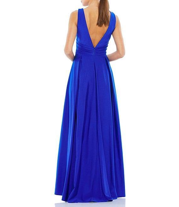 Mac Duggal Pleated Deep V-Neck Sleeveless Empire Waist Thigh High Slit A Product Image