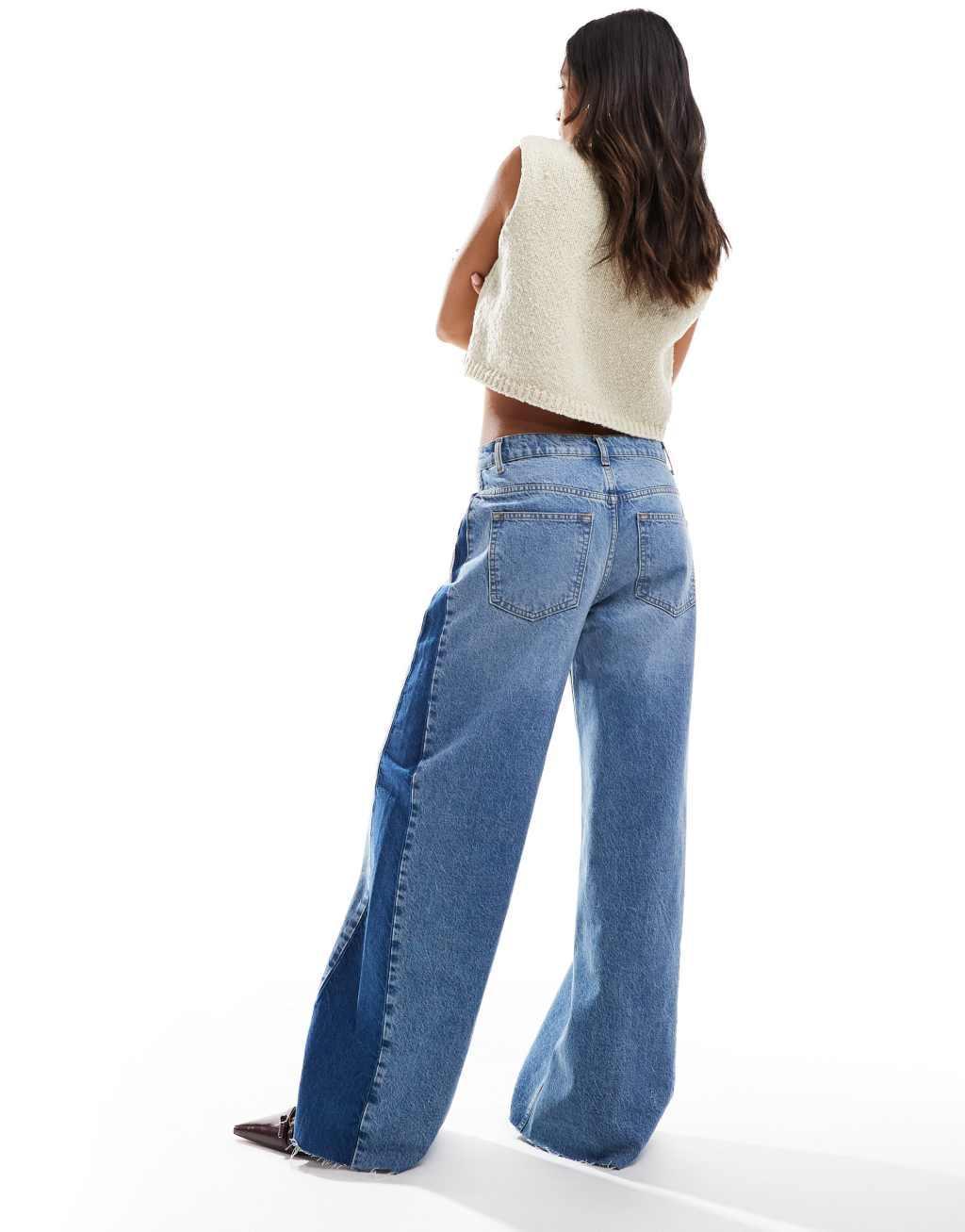 ASOS DESIGN wide leg jeans with contrast side panel in mid blue Product Image