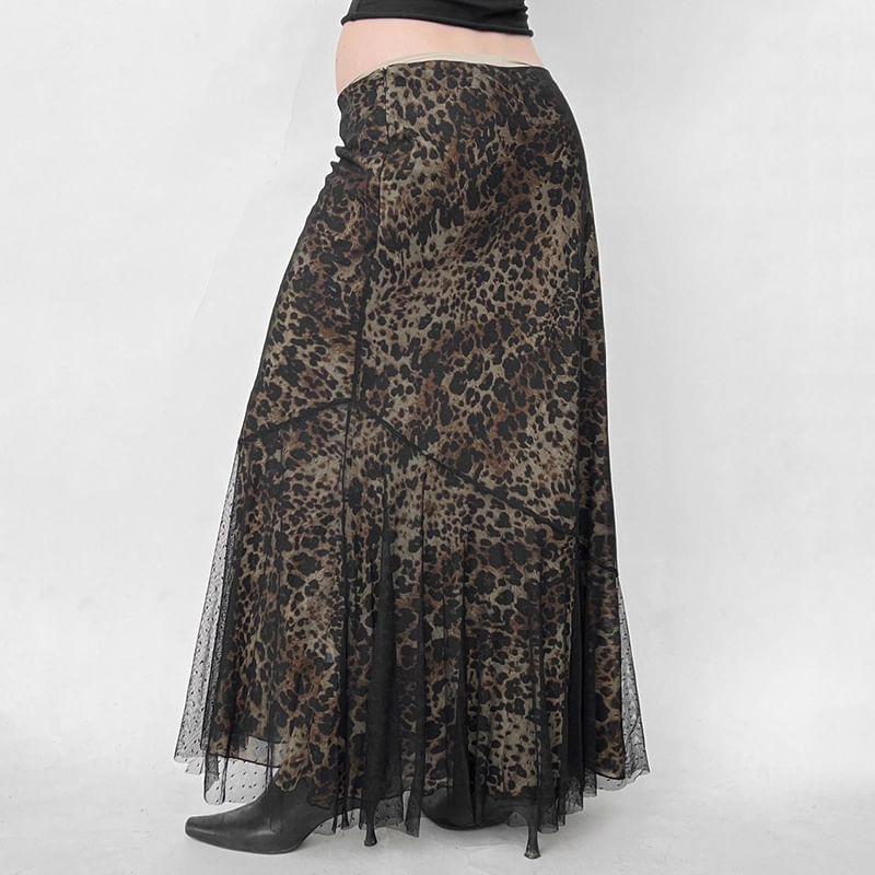 Low Rise Leopard Print Mesh Panel Maxi A-Line Skirt Product Image