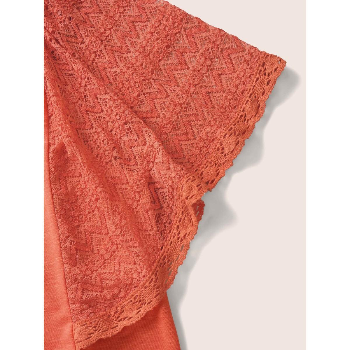 Plus Size Crochet Lace Mesh Flutter Sleeve T-shirt OrangeRed Women Resort Patchwork Round Neck Vacation T-shirts BloomChic 10/M Product Image