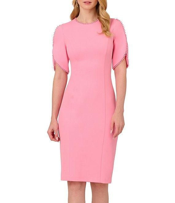 Adrianna Papell Stretch Crepe Crew Neck Short Sleeve Pearl Trim Knee Length Sheath Dress Product Image