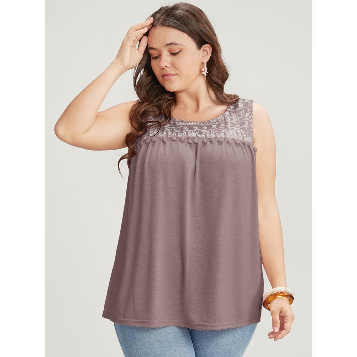 Plus Size Solid Patchwork Sleeveless Pompom Trim Tank Top Women Rouge Vacation Elastic Waist Round Neck Dailywear Tank Tops Camis BloomChic 30/6X Product Image