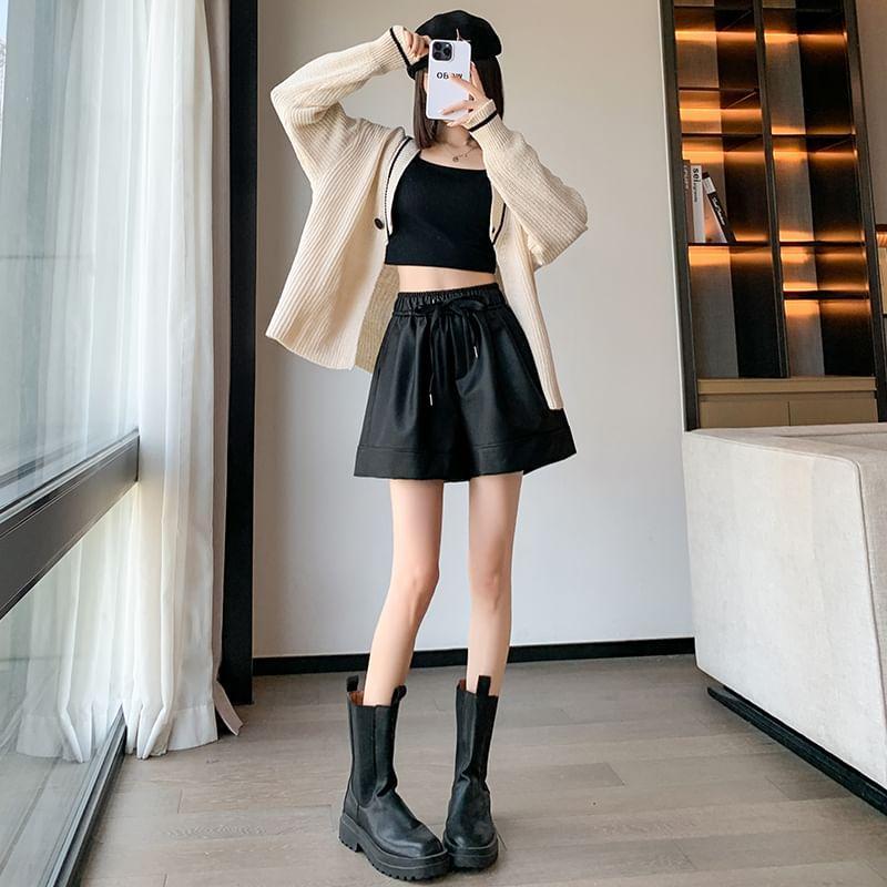 Drawstring Waist Plain Faux Leather Shorts Product Image