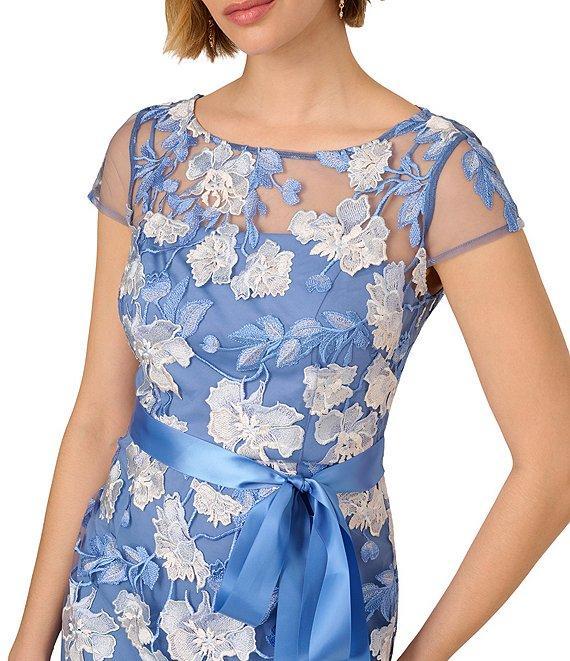 Adrianna Papell Cascading Floral Embroidery Illusion Boat Neck Short Sleeve Gown Product Image