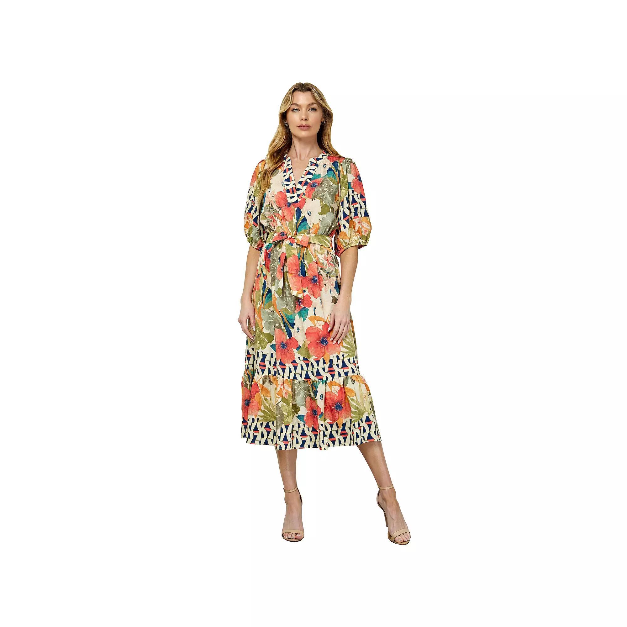 Women's Figueroa & Flower Printed Fit & Flare V-Neck Peasant Dress, Size: Small, Ivory Olive Product Image
