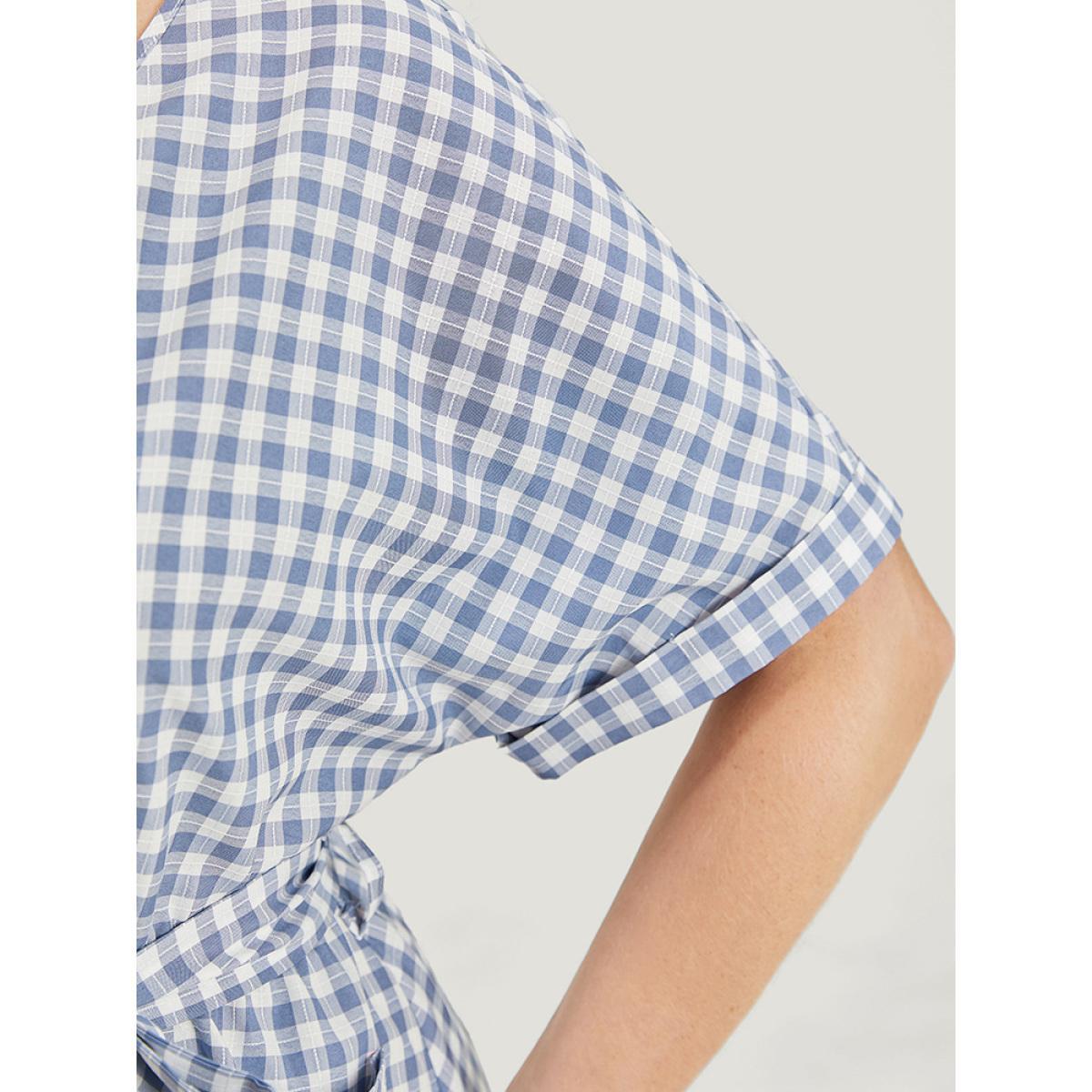 Plus Size Gingham Print Roll Batwing Sleeve Belt Pocket Wrap Dress Stone Women Office Wrap V-neck Short sleeve Curvy Midi Dress BloomChic 10/M Product Image