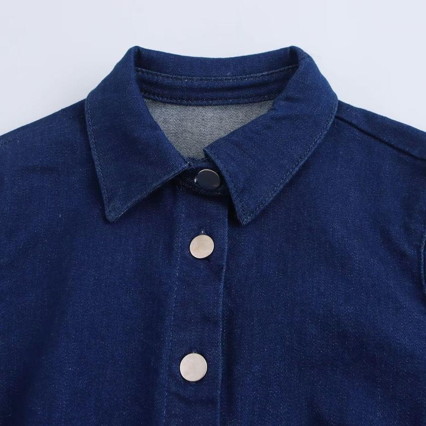 Short-Sleeve Collar Pleated Denim Button Mini A-Line Dress Product Image