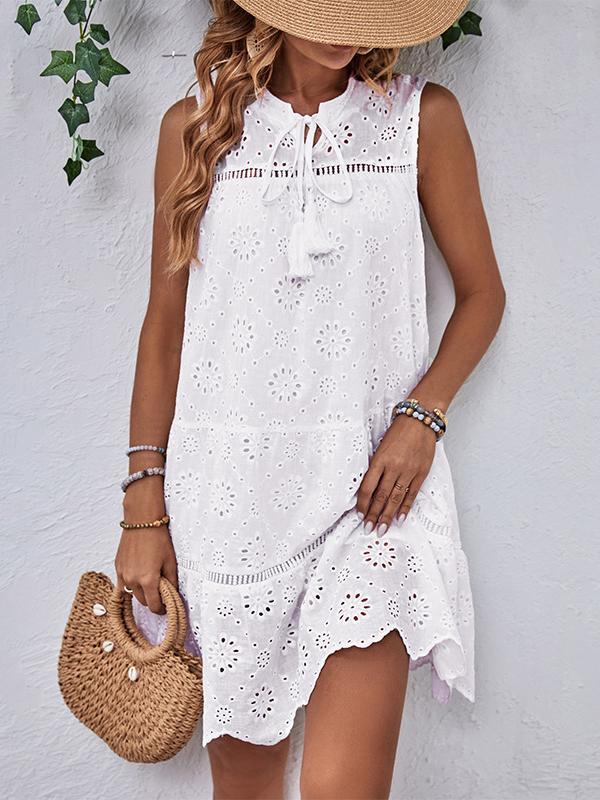 Loose Sleeveless Hollow Lace-Up Solid Color Round-neck Mini Dresses Product Image