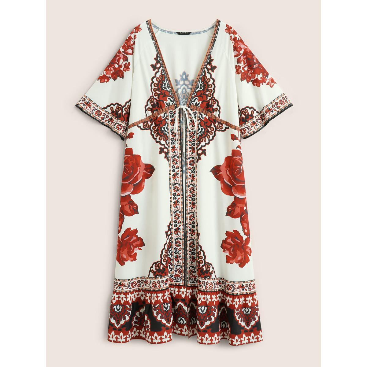 Plus Size Boho Print Ties Raglan Sleeve Flutter Hem Kimono Women White Resort Cross straps Vacation Kimonos BloomChic 12/L Product Image