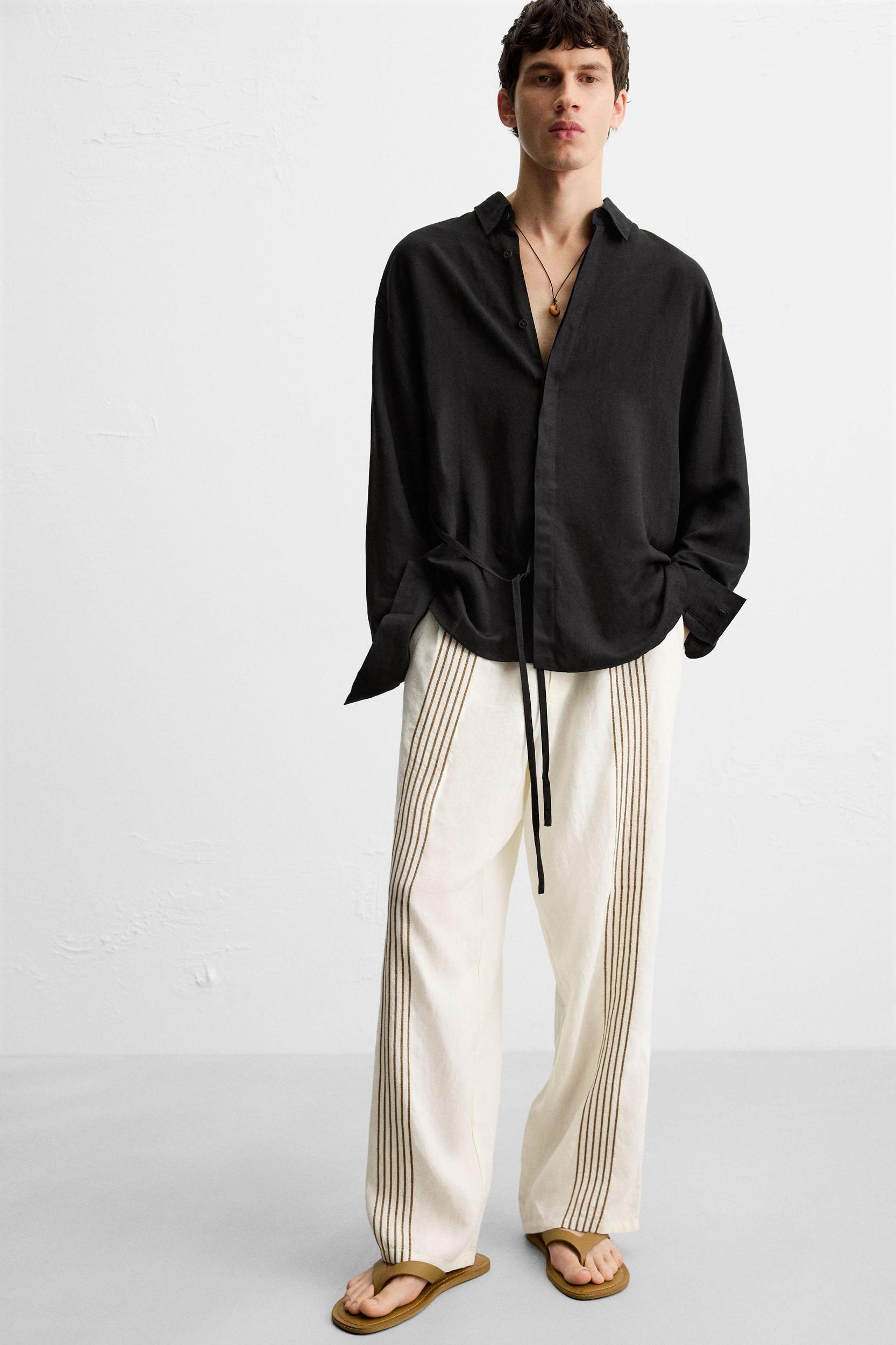 100% LINEN EMBROIDERED PANTS Product Image