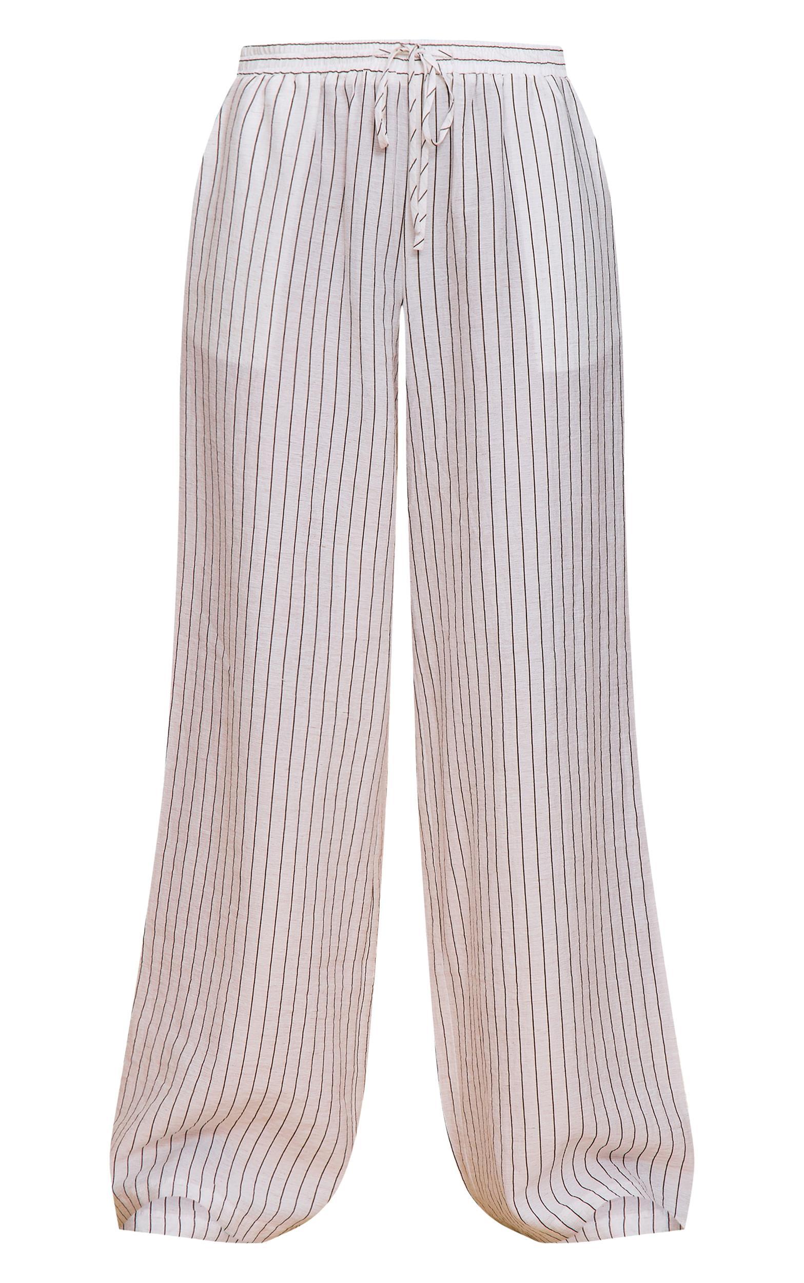 Cream Pinstriped Drawstring Wide Leg Pants Product Image