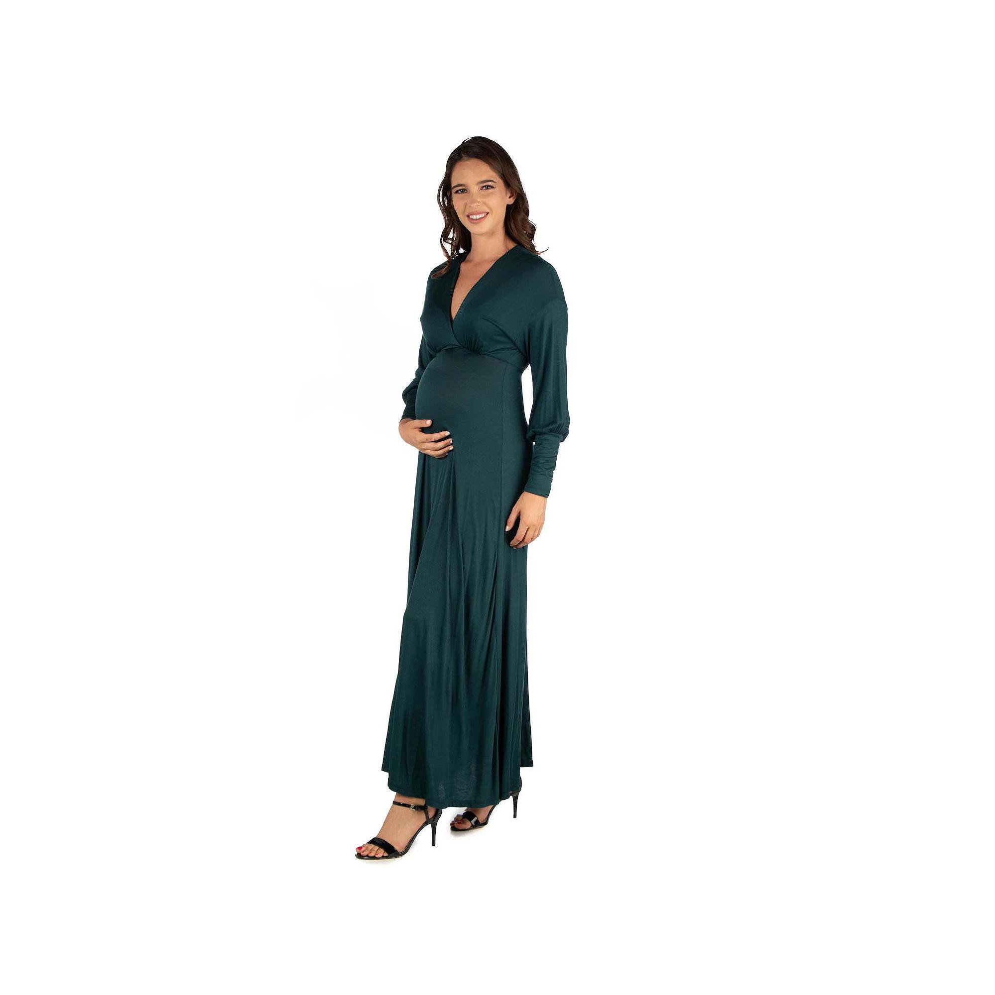 Maternity 24Seven Comfort Apparel V-Neck Long Sleeve Maxi Dress, Women's, Size: Small-Mat, Green Product Image