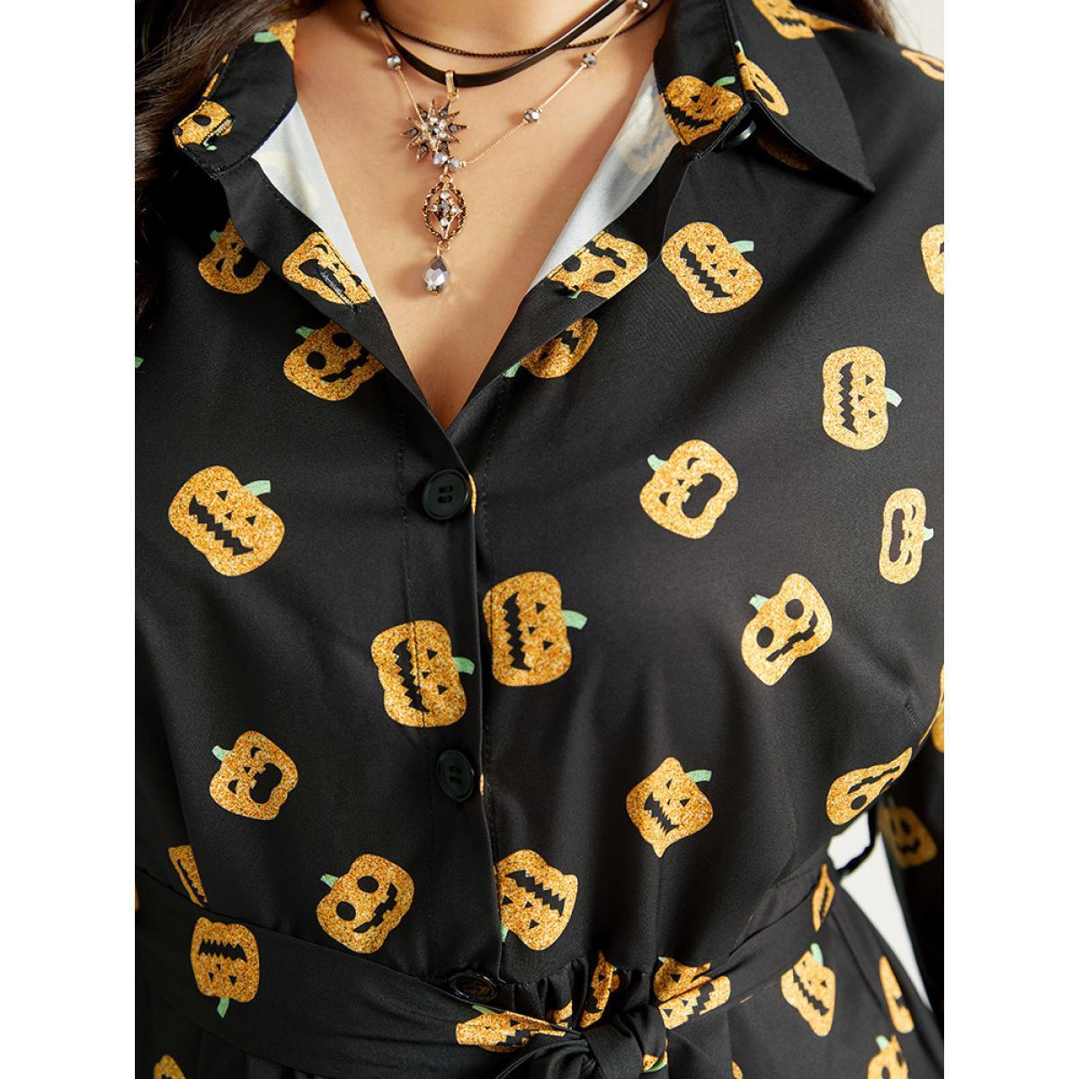 Plus Size Halloween Pumpkin Print Shirt Collar Belted Button Dress Black Women Office Elastic cuffs Shirt collar Long Sleeve Curvy Midi Dress BloomChic 12/L Product Image