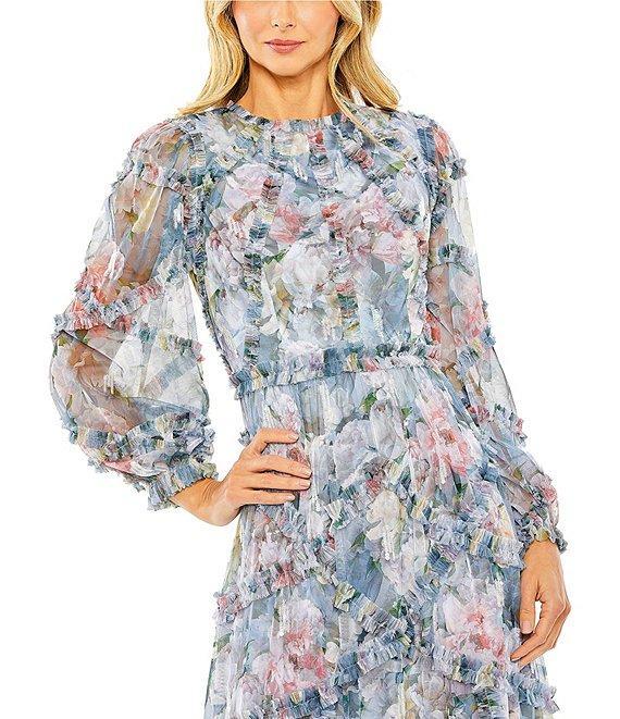 Mac Duggal Floral Print Chiffon High Neck Long Sleeve Ruffle Tiered A-Line Dress Product Image