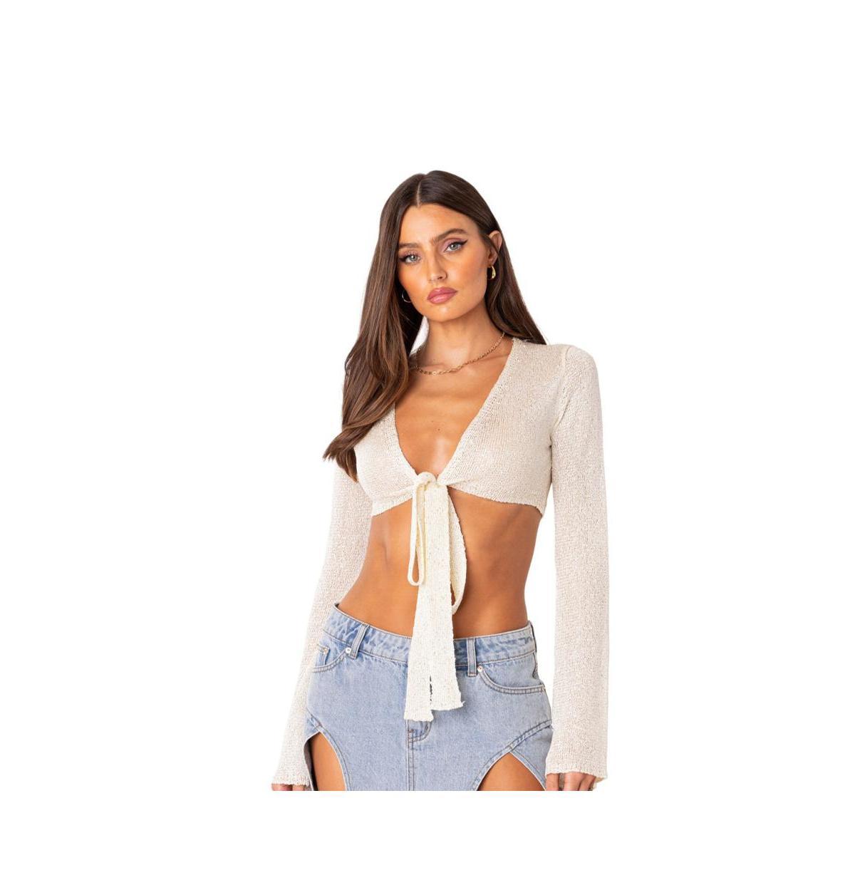 Womens Micro Sequin Tie Front Knit Crop Top Product Image