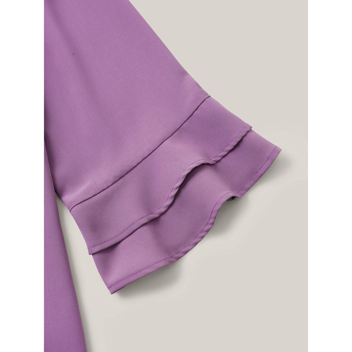 Plus Size Purple Solid Ribbon Tied Collar Bell Sleeve Blouse Women At the Office Elbow-length sleeve Ribbon-tied collar Work Blouses BloomChic 30/6X Product Image