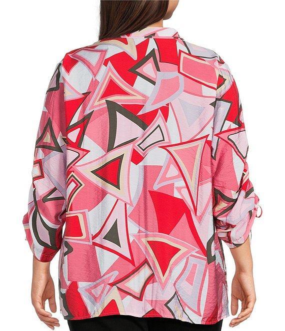 Ali Miles Plus Size Abstract Print Wire Collar 3/4 Cinch Tie Sleeve Tunic Product Image