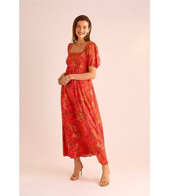 Vince Camuto Woven Floral Print Square Neck Short Puff Sleeve Maxi Dress Product Image