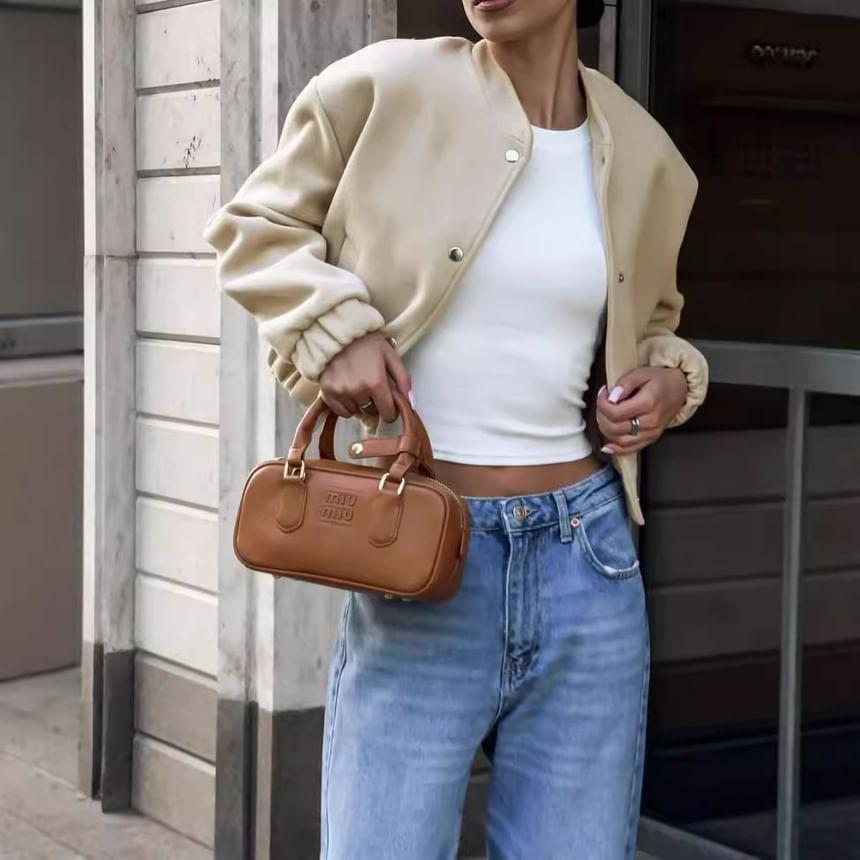 Stand Collar Plain Button-Up Crop Jacket Product Image