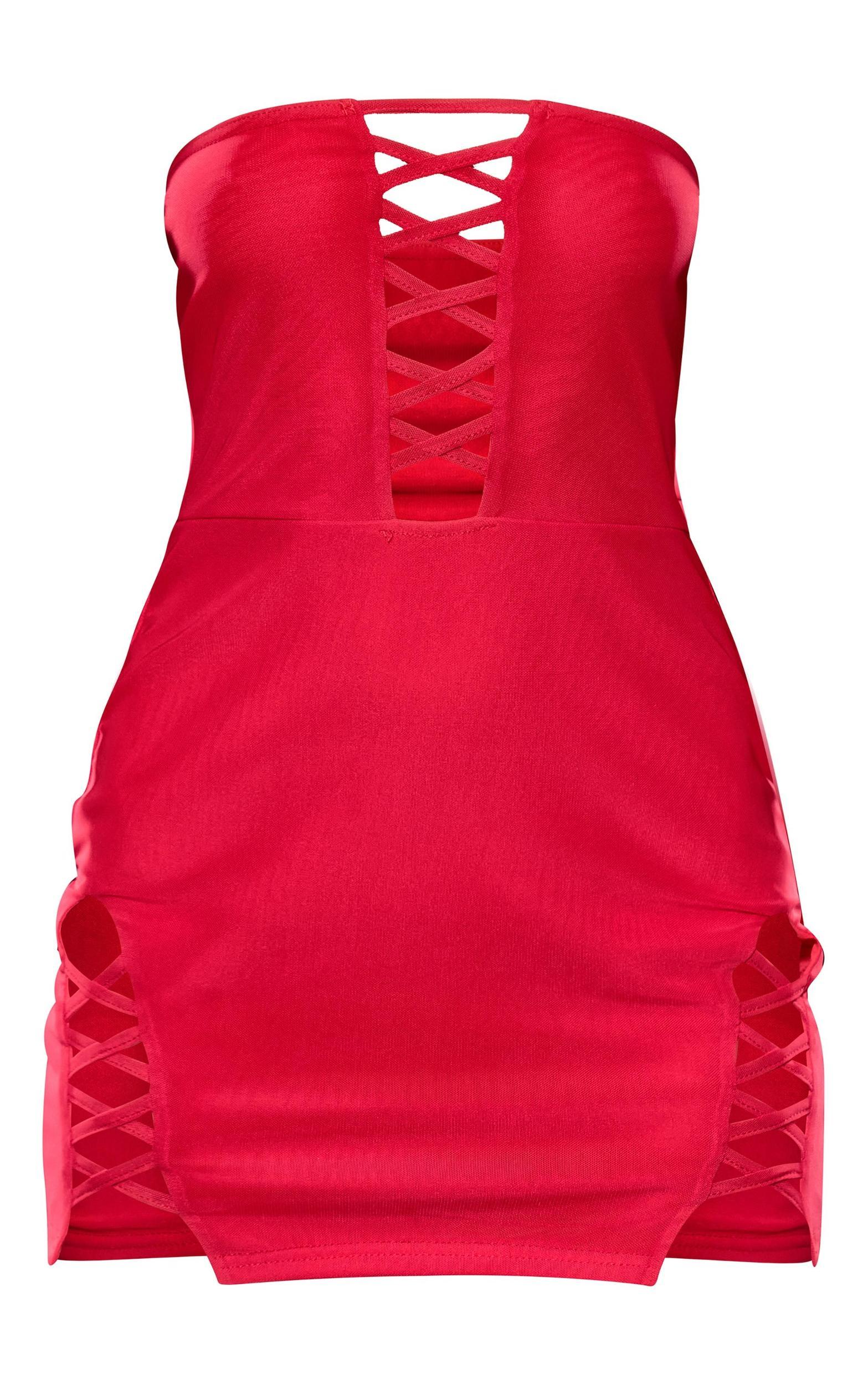 Petite Red Lace Up Detail Bandeau Mini Dress Product Image
