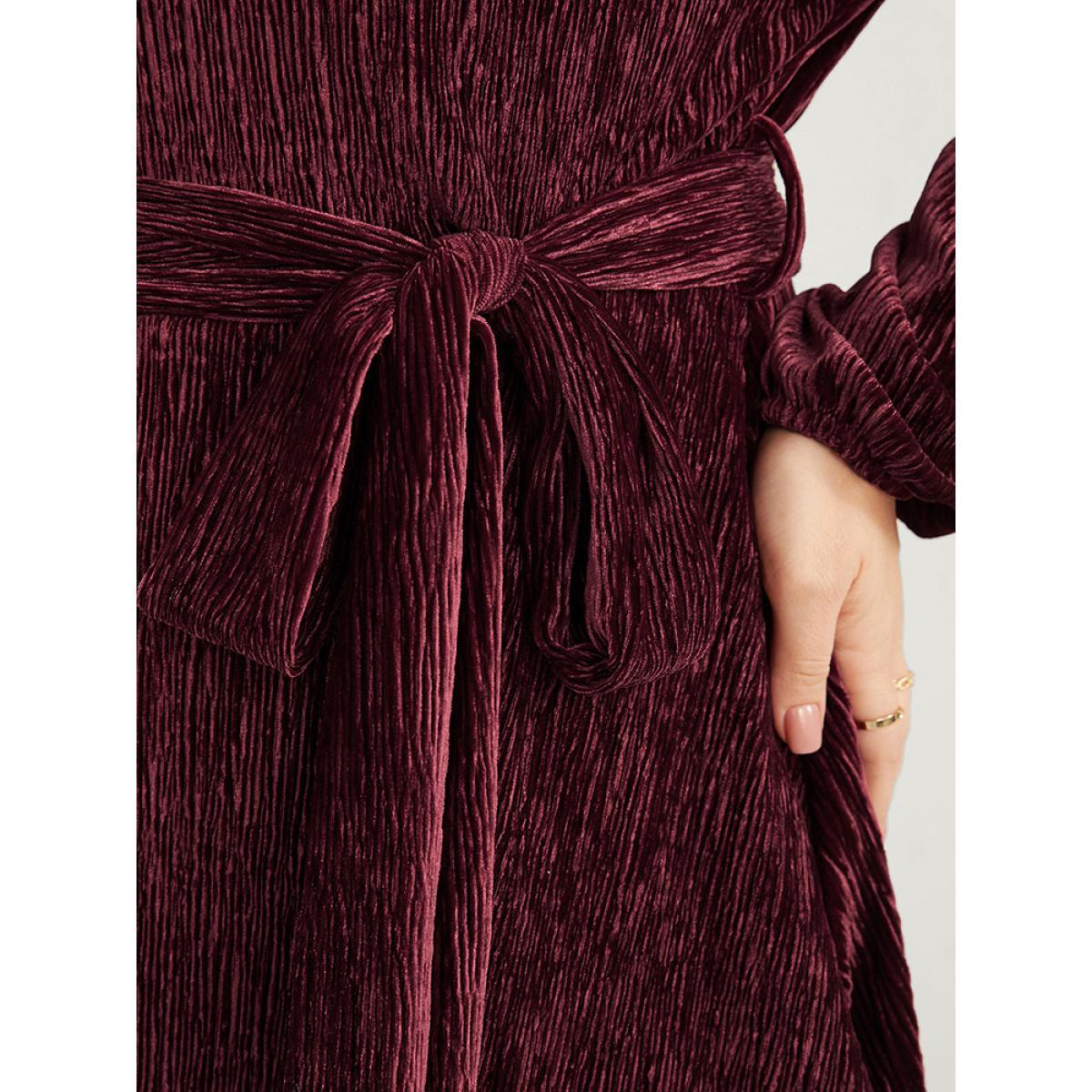 Plus Size Burgundy Glitter Textured Lantern Sleeve Belted Ruffle Blouse Women Party Long Sleeve V-neck Going out Blouses BloomChic 22-24/3X Product Image
