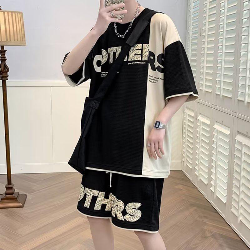 Set: Elbow-Sleeve Two Tone Lettering T-Shirt + Shorts Product Image