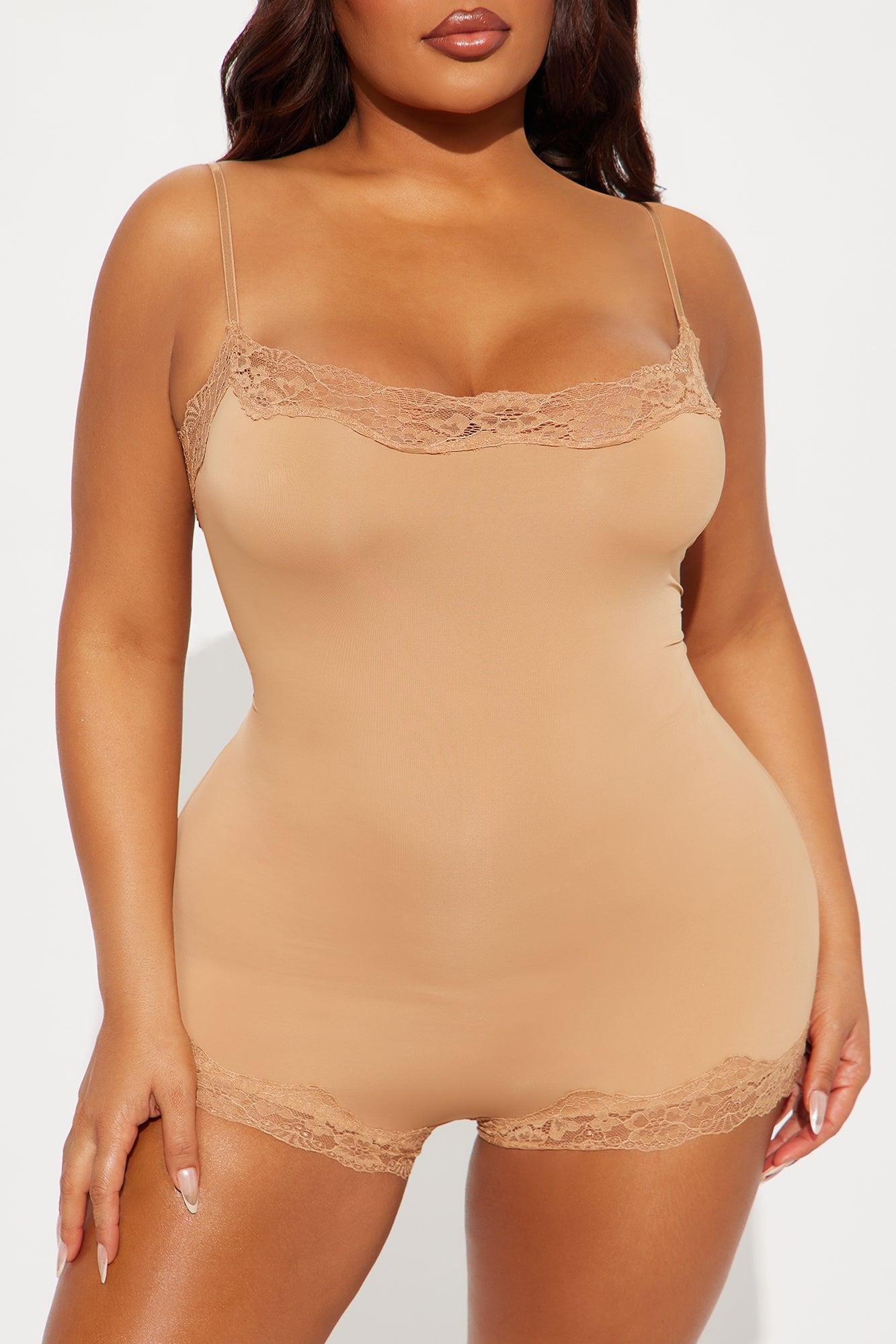 Sweet And Sultry Stretch Lace Trim PJ Romper Onesie- Brown Product Image