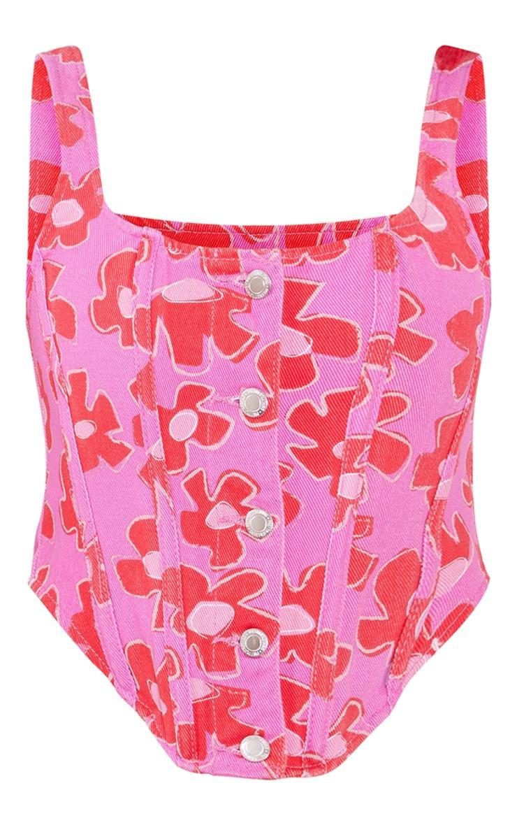 Pink Flower Printed Button Detail Boned Denim Corset Top Product Image