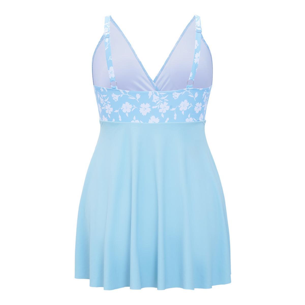 Plus Size Floral Patchwork Ruffle Trim Knot Front Swim Dress Women's Swimwear LightBlue Vacation Bodycon V-neck High stretch Curve Swim Dresses BloomChic 26/4X Product Image