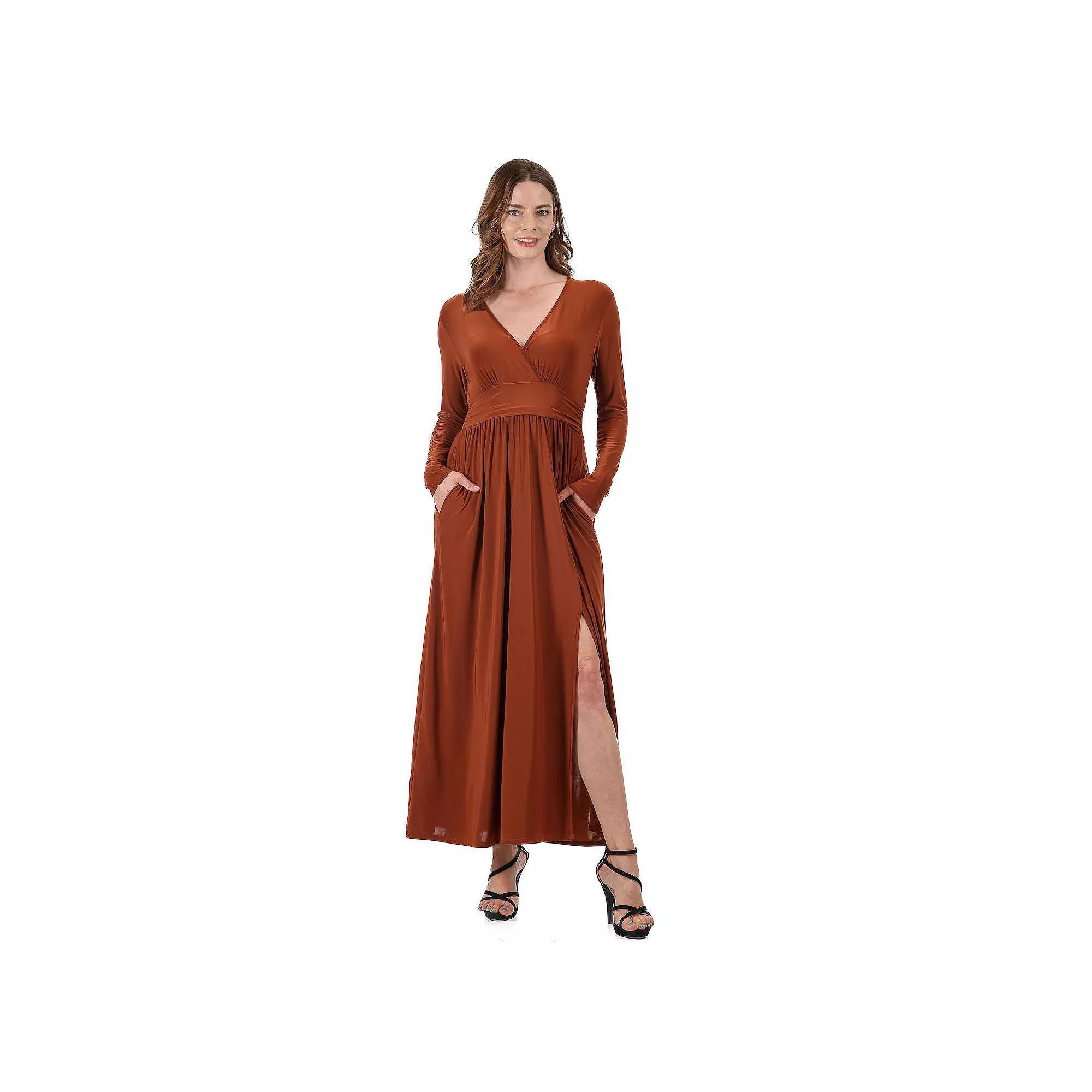 Women's 24Seven Comfort Apparel Long Sleeve V-Neck Side Slit Maxi Dress, Size: Small, Blue Product Image
