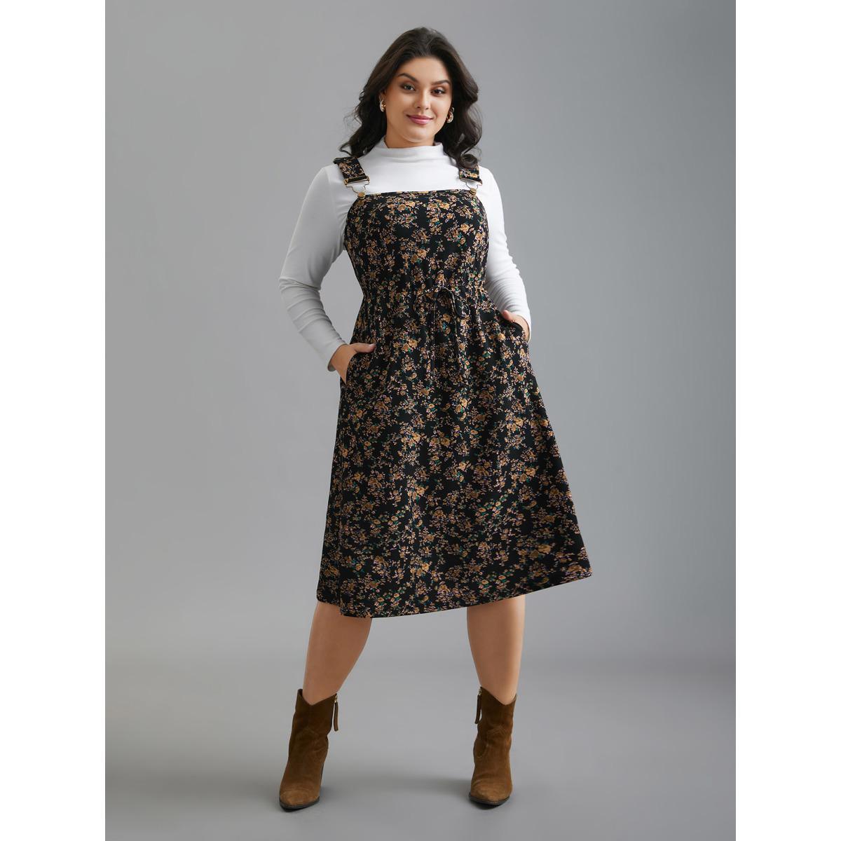Plus Size Ditsy Floral Adjustable Straps Drawstring Dress Black Women Elegant Tie knot Knit Dresses Bloomchic 10/M Product Image