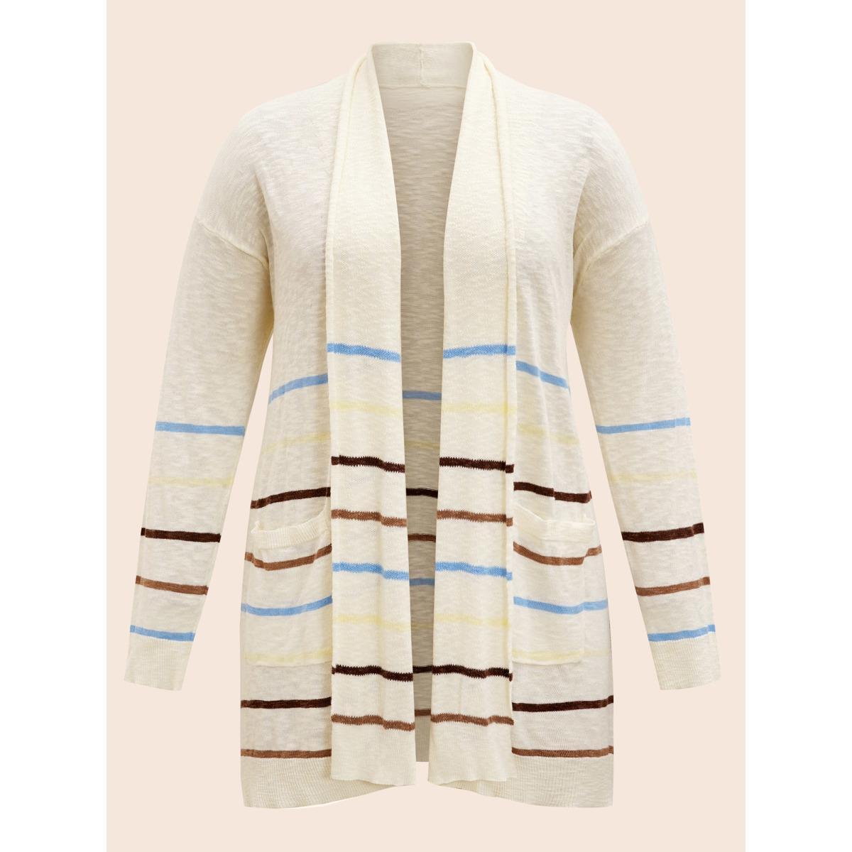 Plus Size Contrast Striped Pocket Open Front Cardigan Beige Women Casual Loose Three Quater Length Sleeve Everyday Cardigans BloomChic 28/5X Product Image