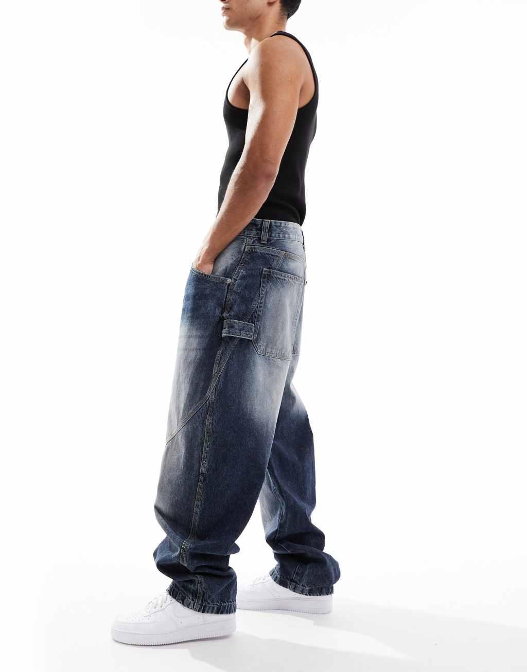 Bershka baggy carpenter fit jeans in mid blue Product Image