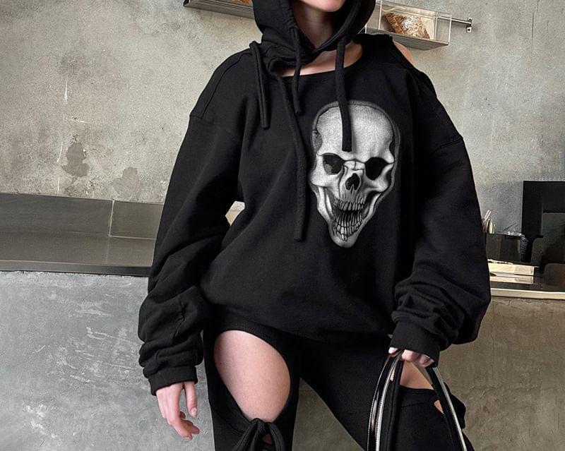 Asymmetrical Neck Cold Shoulder Skull Print Oversized Hoodie Product Image