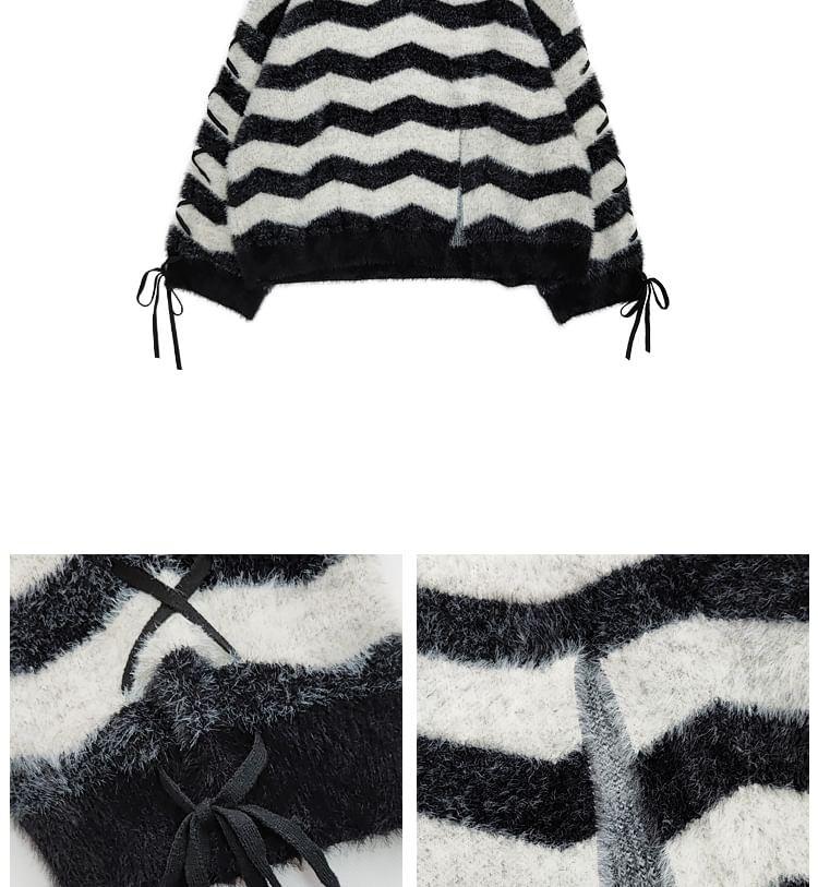 V-Neck Striped Lace-Up Slit Oversized Sweater Product Image