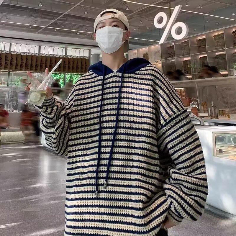 Striped Drawstring Knit Hoodie Product Image