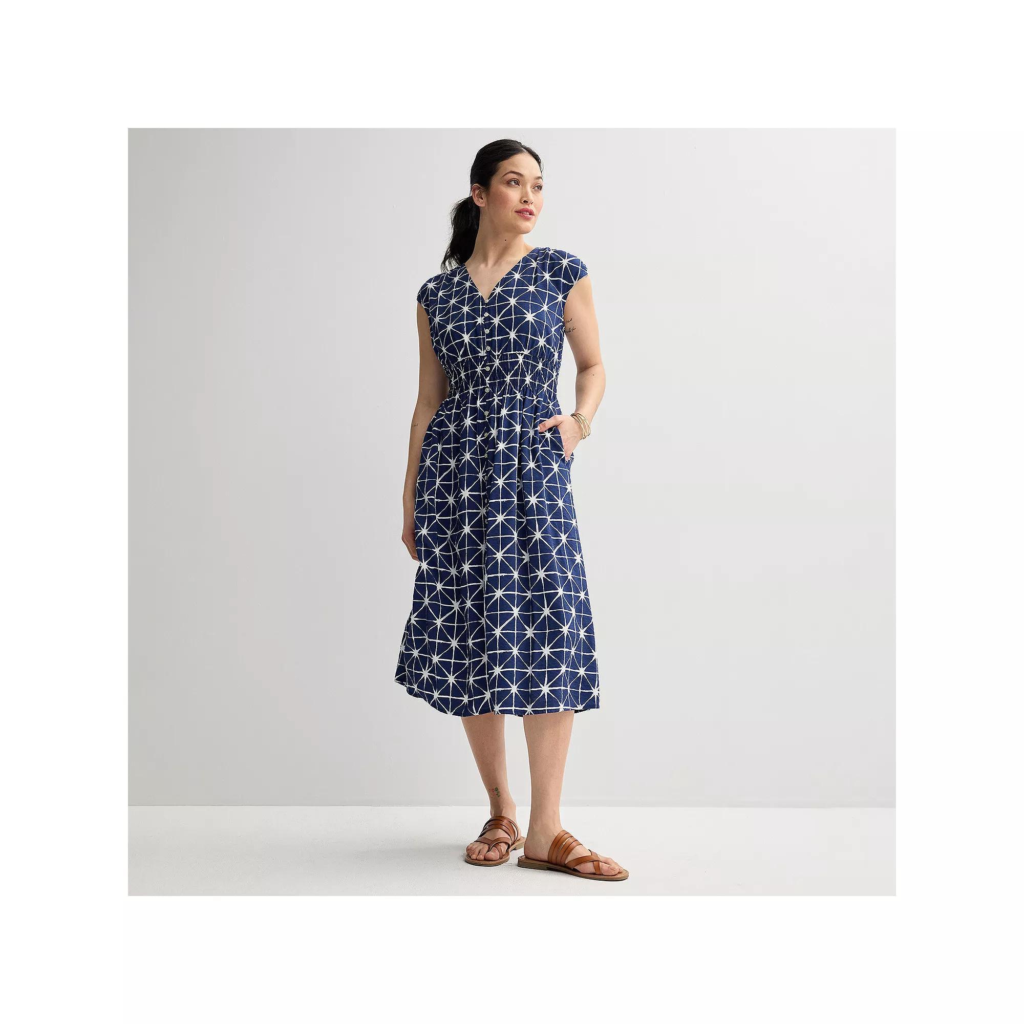 Women's Sonoma Goods For Life® Smock Button Through Midi Dress, Size: Medium, Blue Nautical Print Product Image