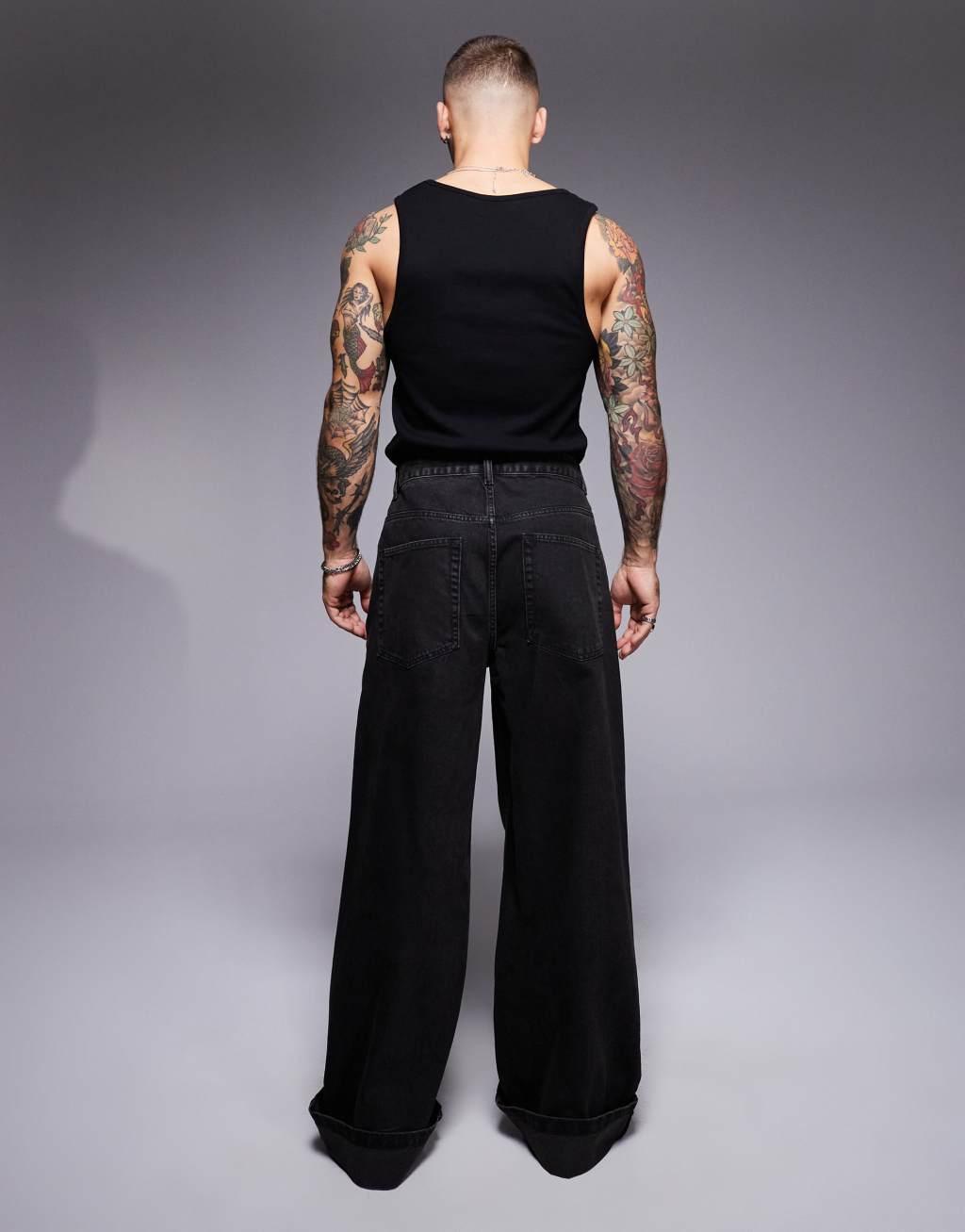 ASOS DESIGN super baggy jeans with cuffed hems in washed black Product Image
